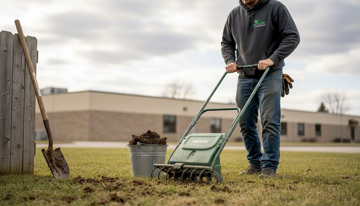 Landscaper aerating clay-heavy Calgary soil