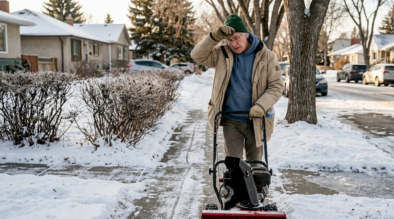 Older man operating snow blower Calgary sidewalk