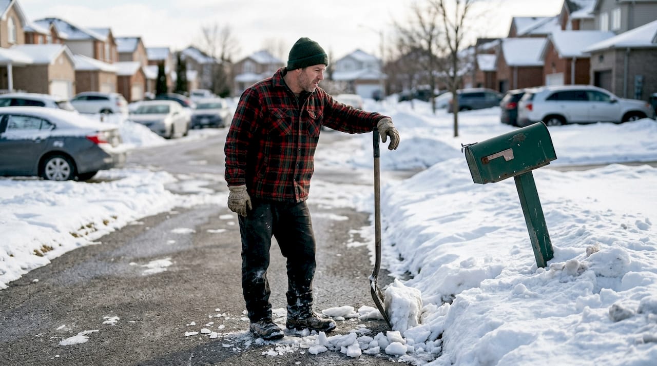 Homeowner clearing city plow snow windrow
