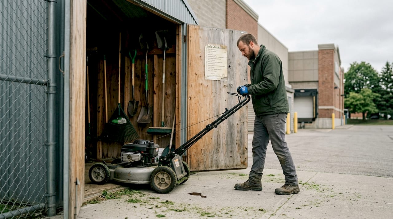 Groundskeeper preparing commercial mower for use