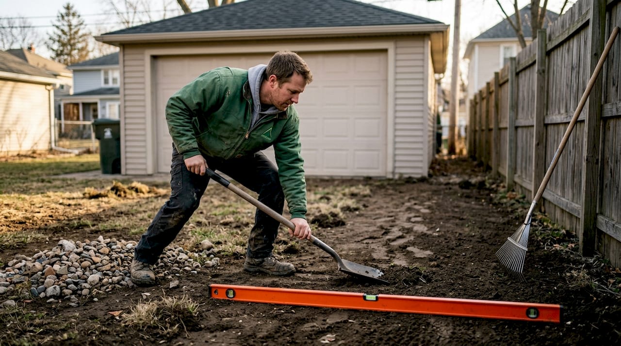 Landscaper adjusting soil grading for drainage