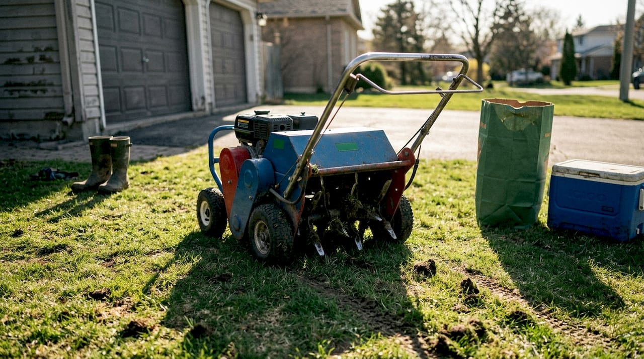 Core aerator equipment on patchy residential lawn