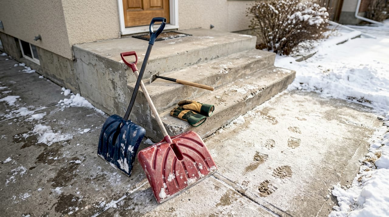 Snow removal tools at Calgary home front step