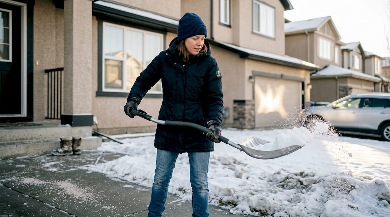 Homeowner shoveling driveway with ergonomic shovel