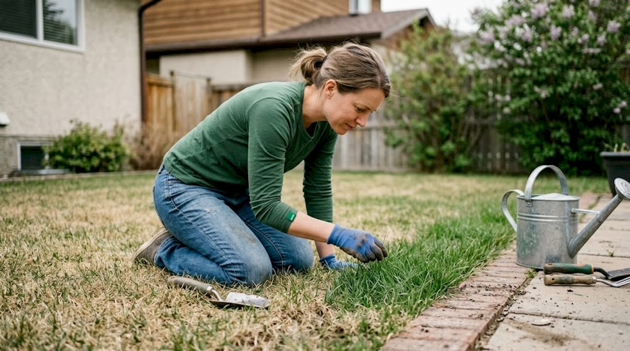 Gardener inspecting trial drought tolerant grass patch