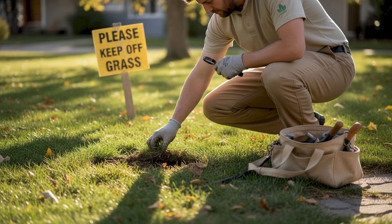 Lawn care worker inspecting Calgary grass for pests