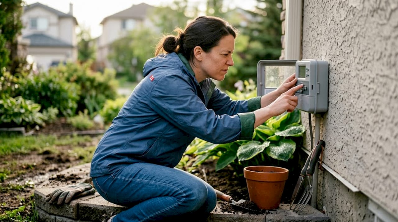 Woman adjusting irrigation system in backyard garden