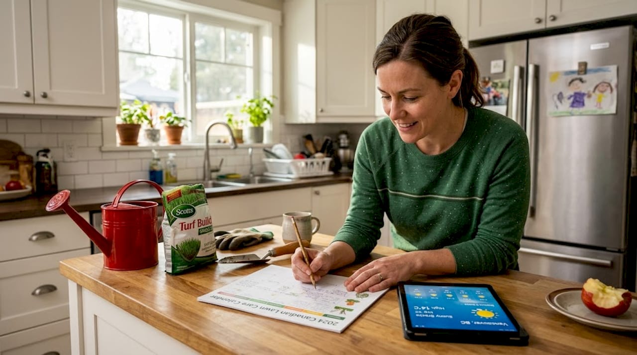 Planning seasonal lawn care at kitchen island