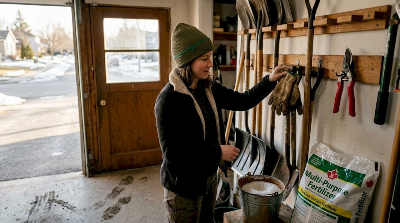 Person organizing outdoor maintenance tools in garage