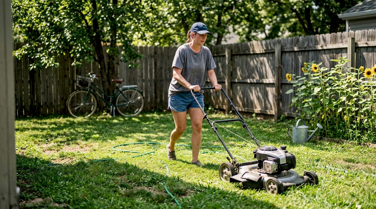 Homeowner mowing patchy lawn on sunny summer day
