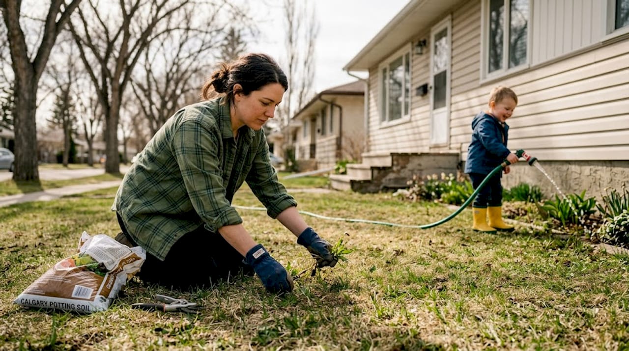 Family doing spring lawn care together