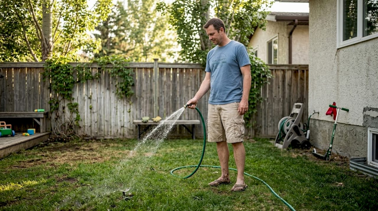 Resident watering patchy summer lawn with hose