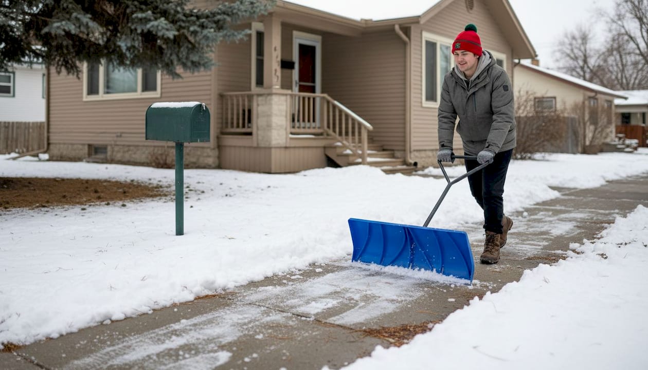 Person using snow pusher on sidewalk