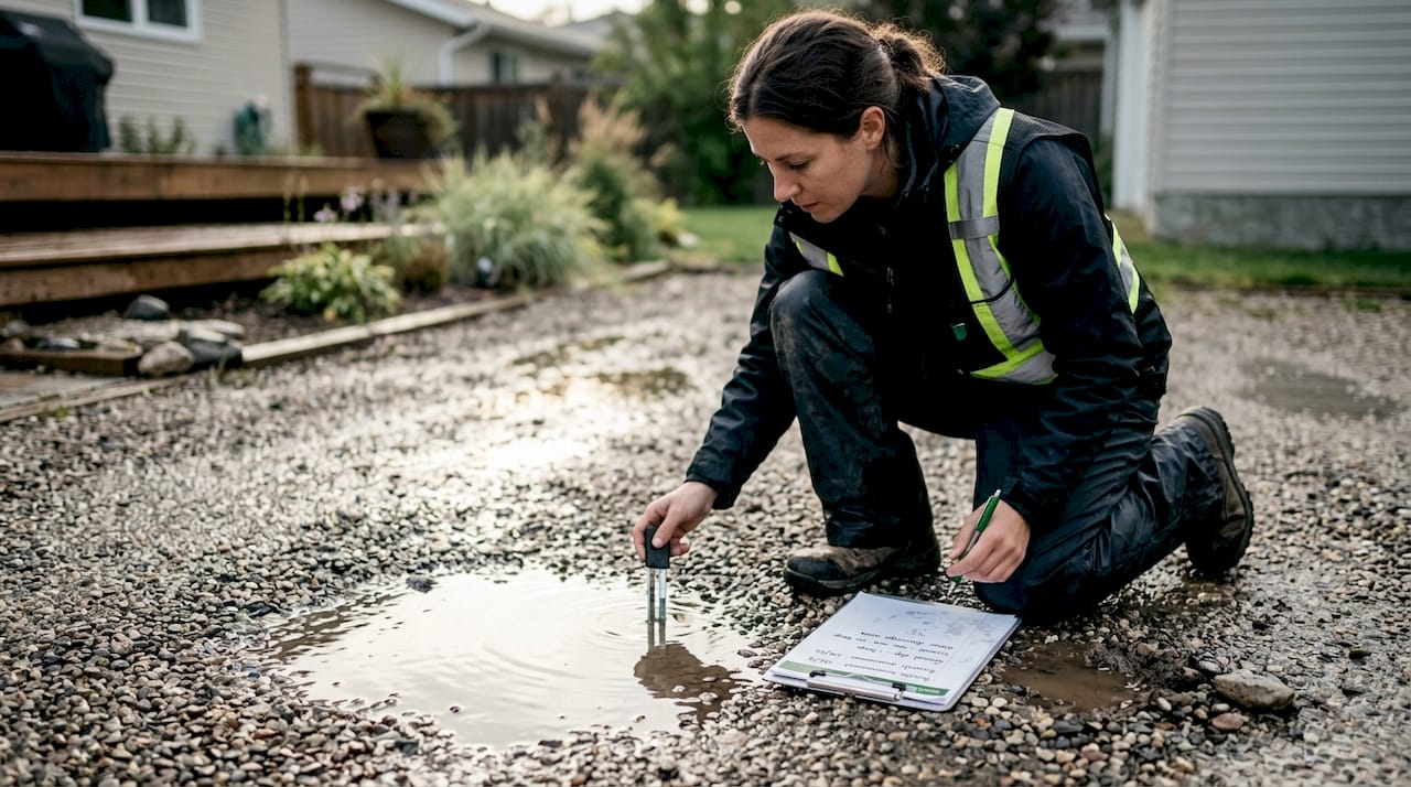 Technician inspecting drainage in gravel backyard