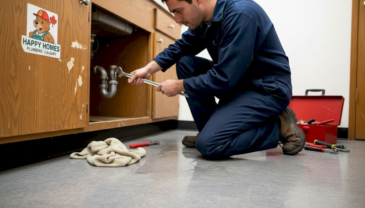 Plumber fixes leaking pipe during urgent repair
