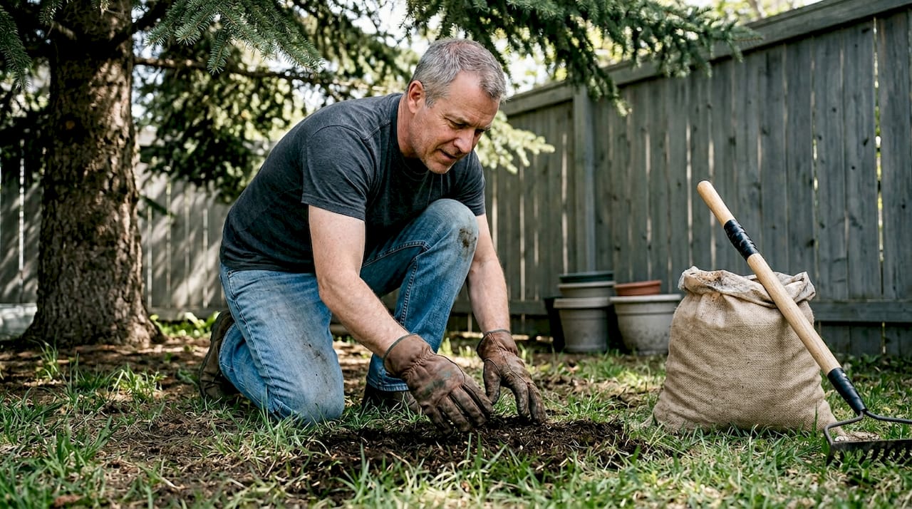 Spreading compost on patchy fescue in shade