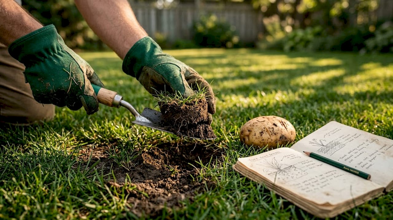 Hands using spade and potato for pest scouting