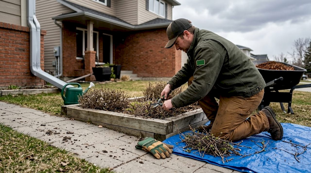Landscaper trimming shrubs in spring Calgary yard