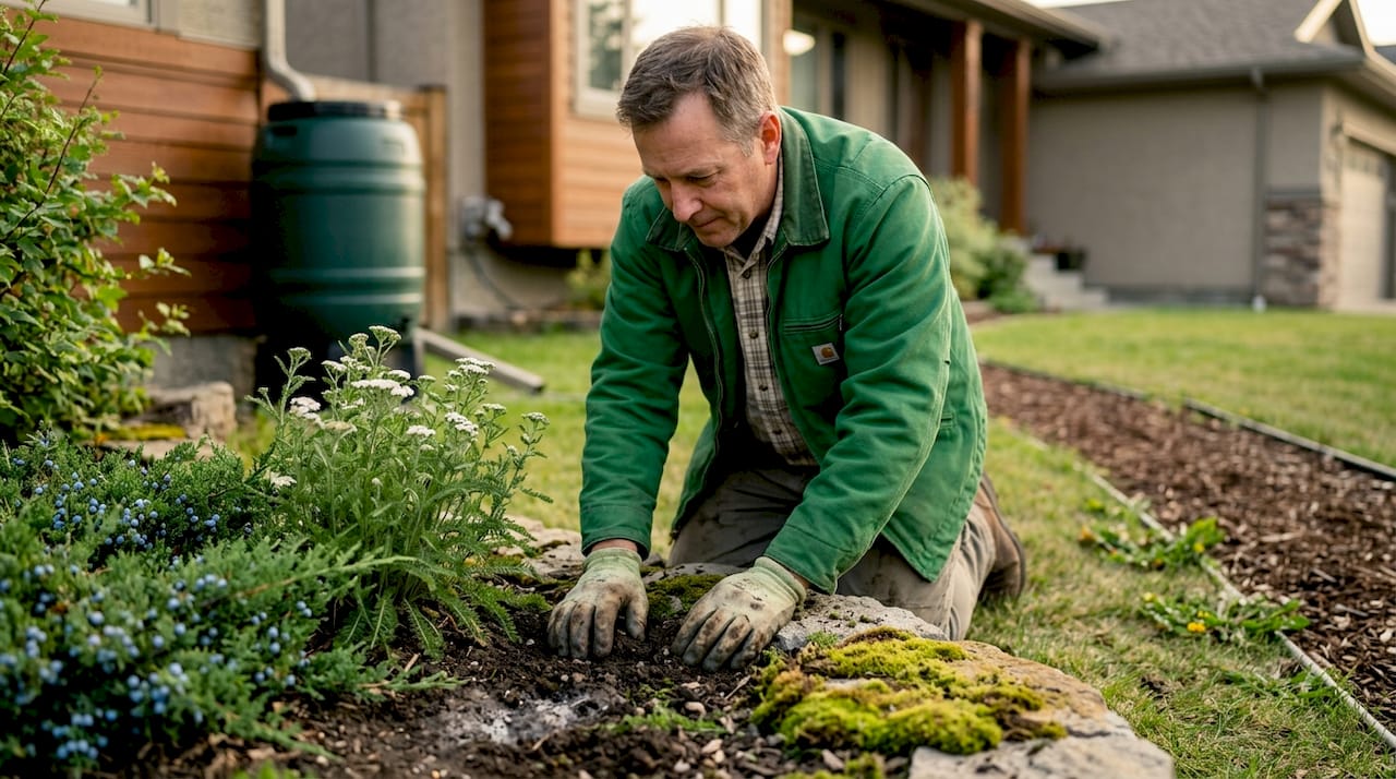 Landscaper planting drought-tolerant Calgary garden