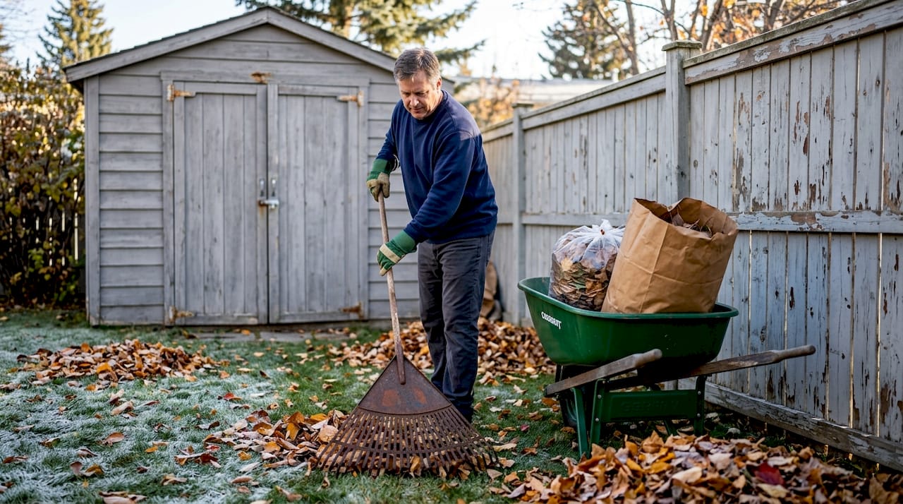 Calgary yard autumn cleanup with rake