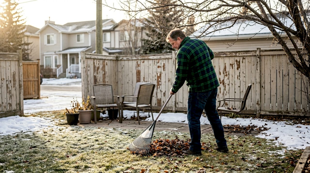 Calgary homeowner raking leaves in seasonal yard