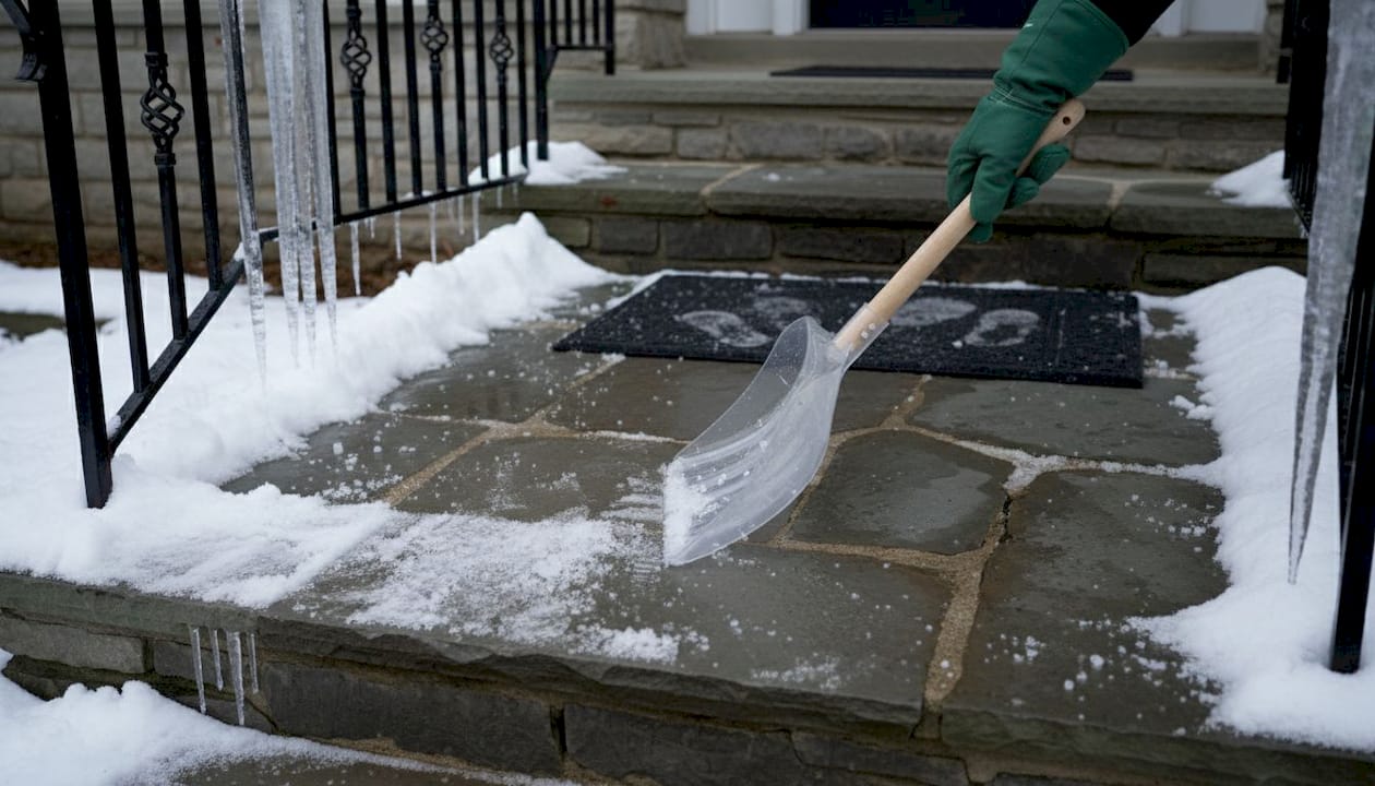 Hand shoveling snow to protect walkway stones