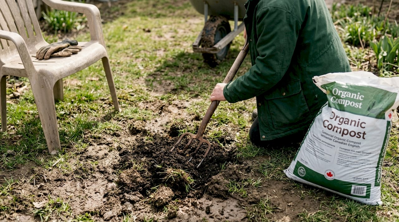 Person adding compost to Calgary lawn soil