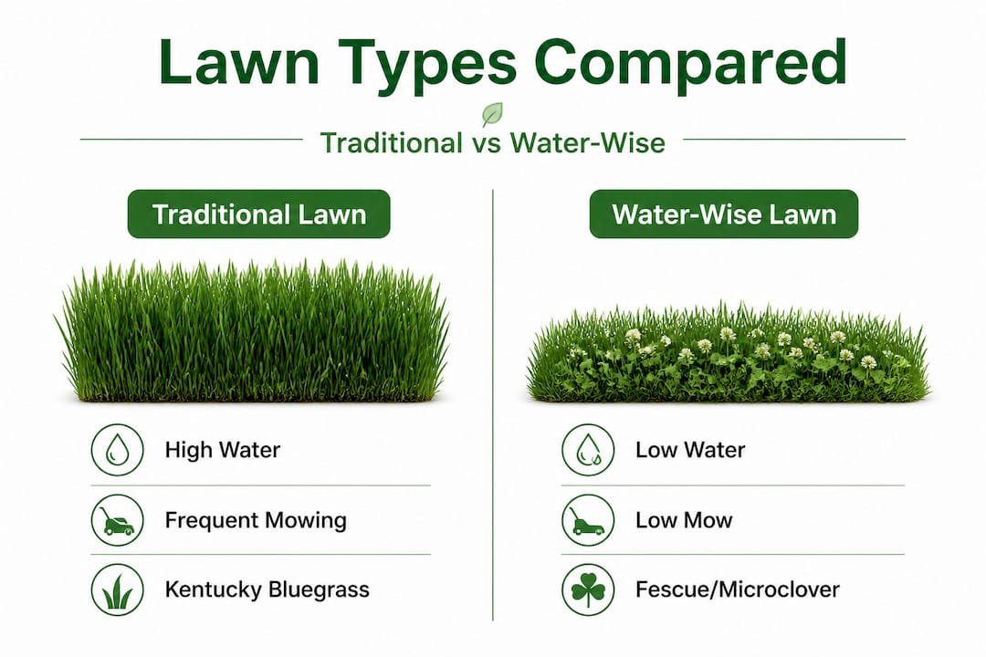 Infographic comparing traditional and water-wise lawns