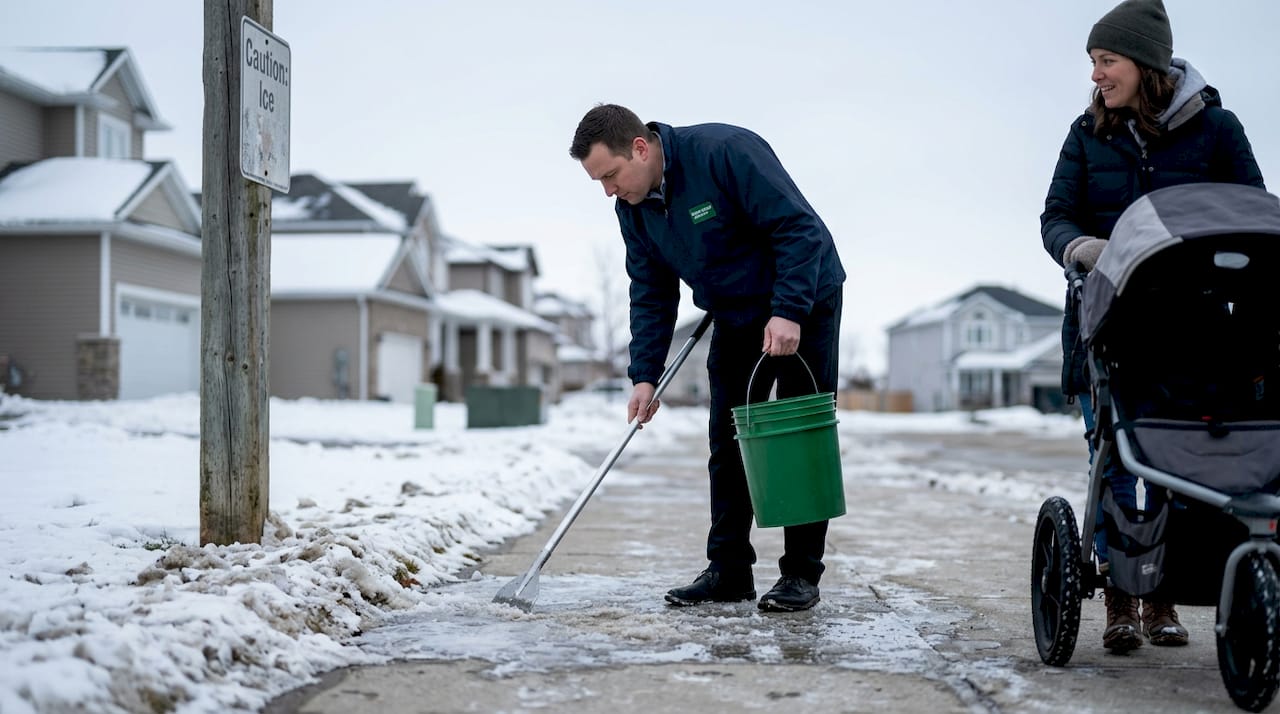 Property manager checks sidewalk for ice hazards