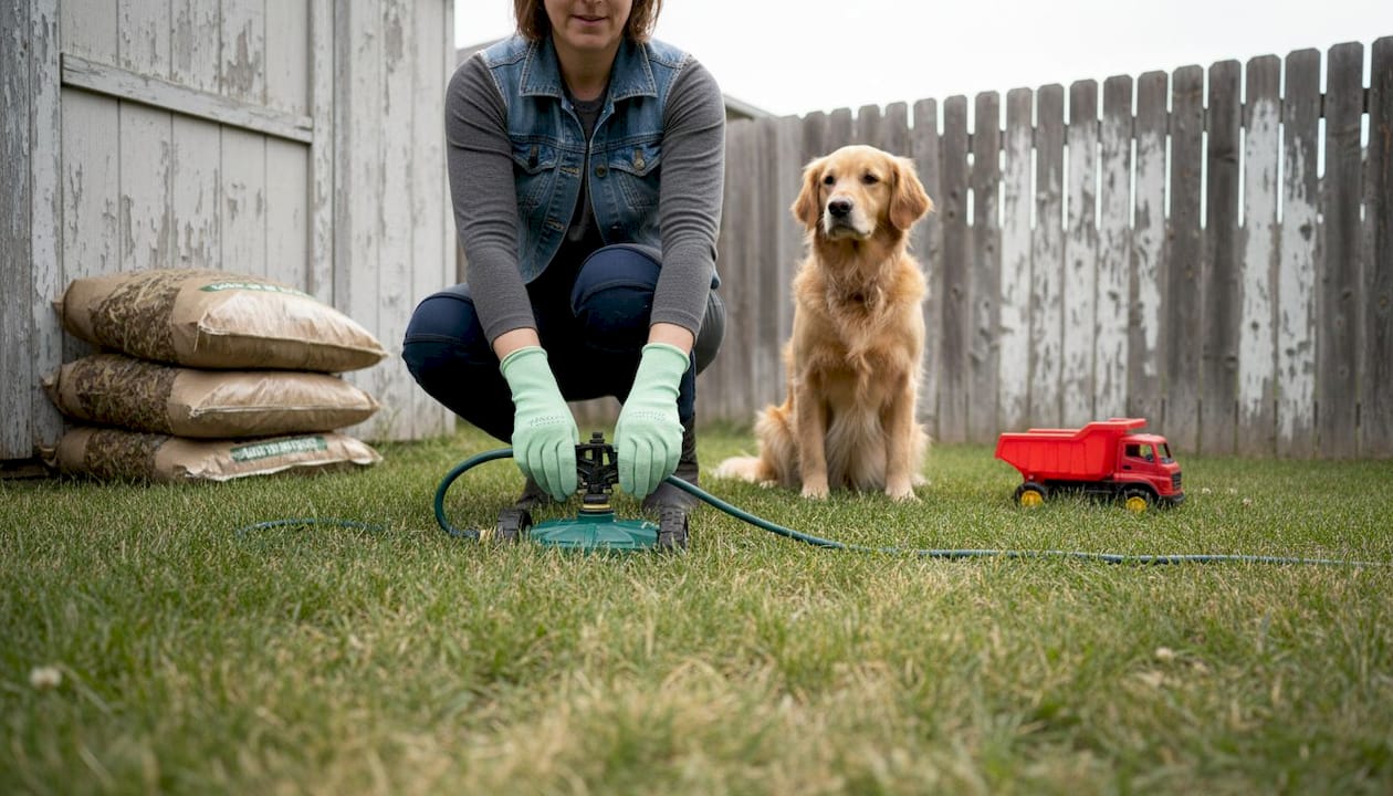 Woman adjusts sprinkler in lived-in backyard