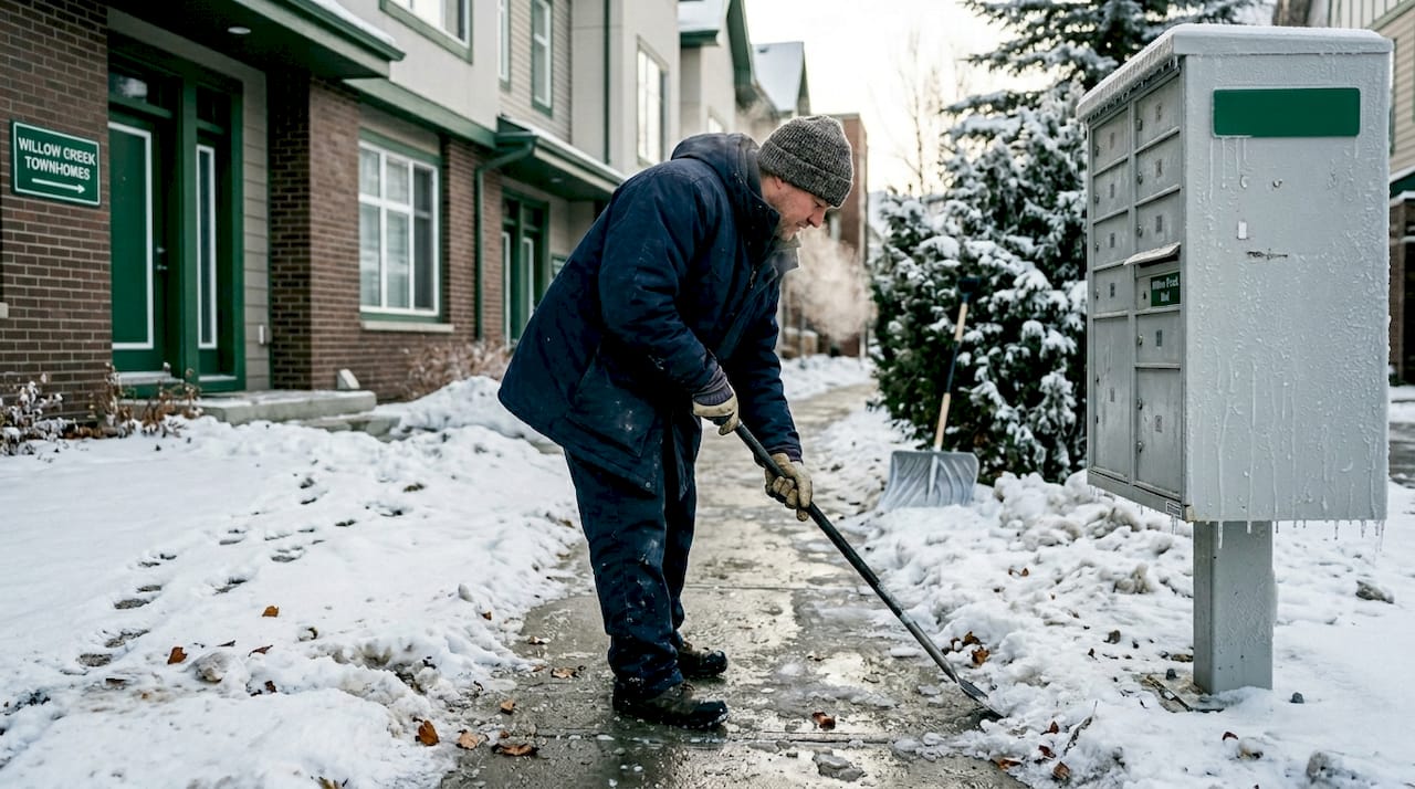 Groundskeeper chipping ice from Calgary sidewalk