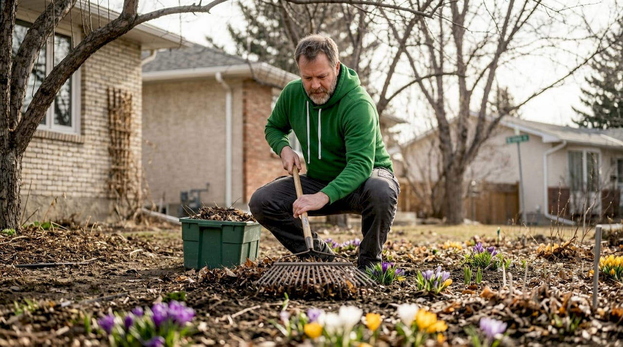 Raking and clearing spring flower bed debris