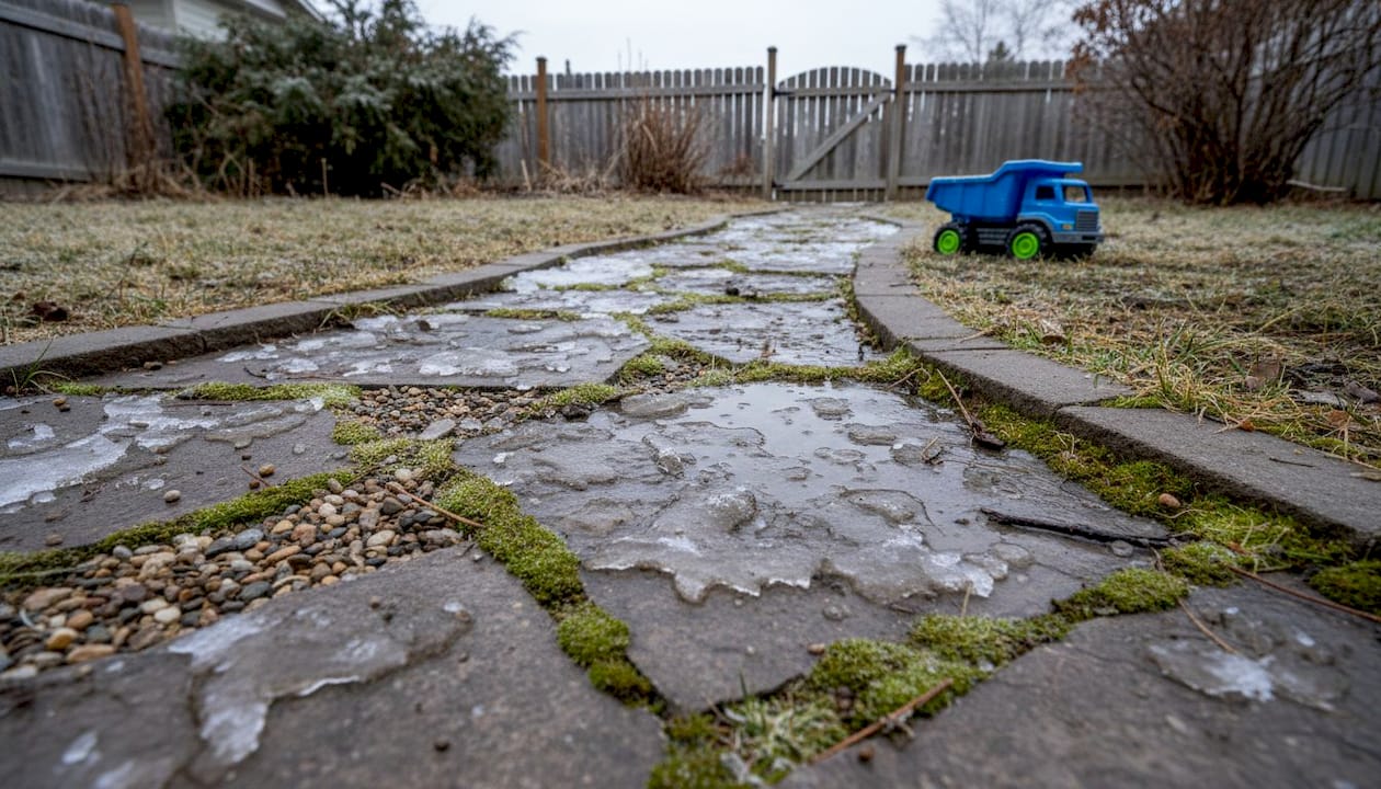 Cracked walkway with freeze-thaw damage visible