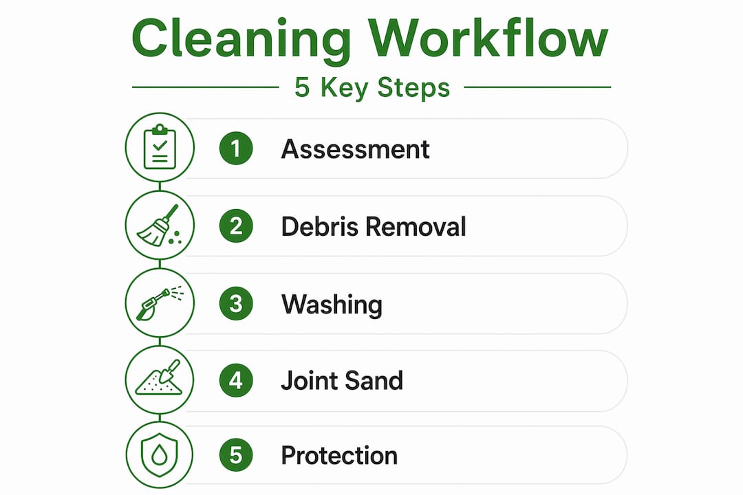 Infographic showing hardscape cleaning workflow steps