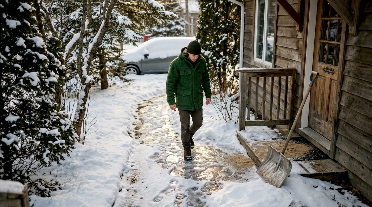 Person carefully crossing icy residential walkway