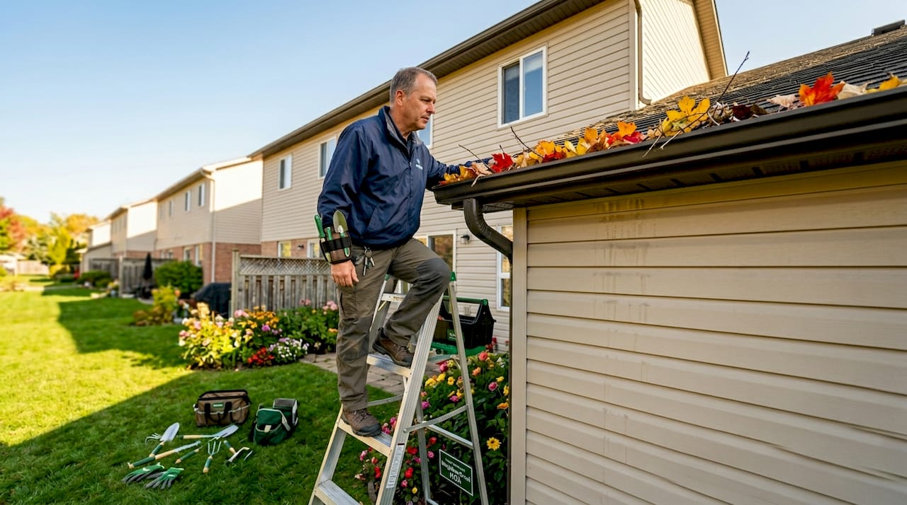 Person examines clogged gutter on townhouse