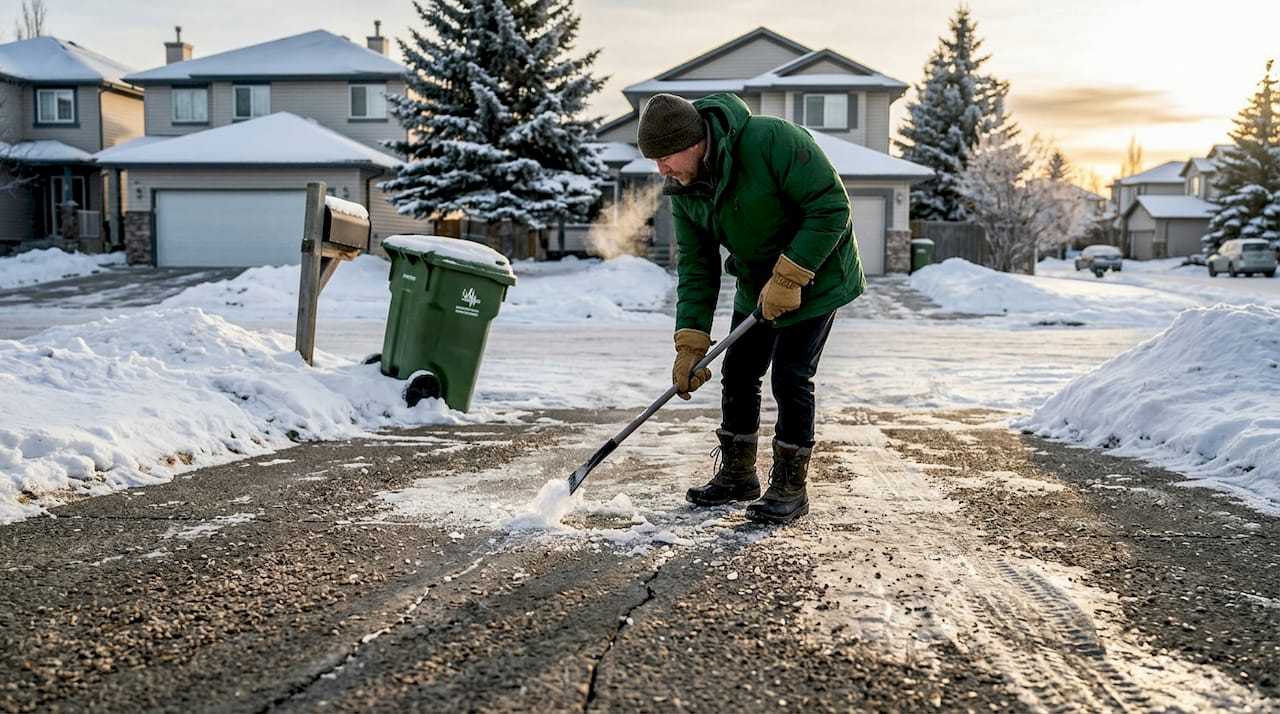 Homeowner removing ice from snowy driveway