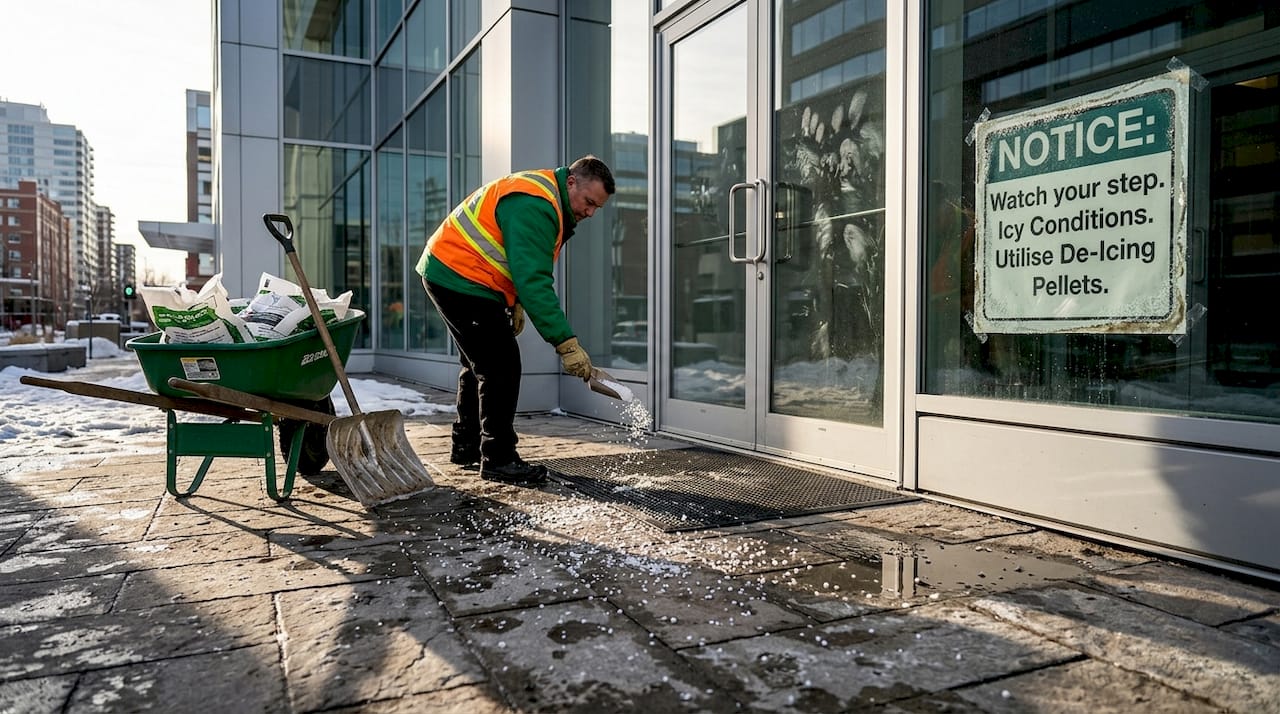 Maintenance worker treating Calgary office entry for ice