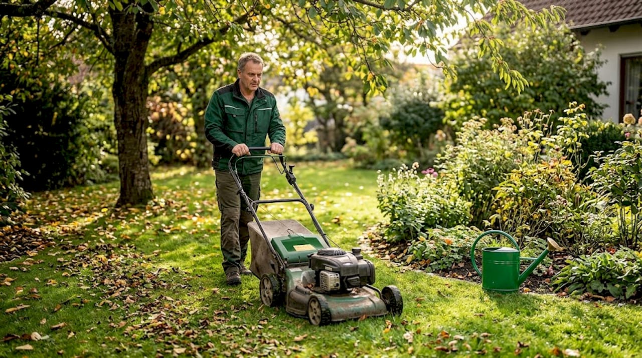Mulching mower chopping dry autumn leaves