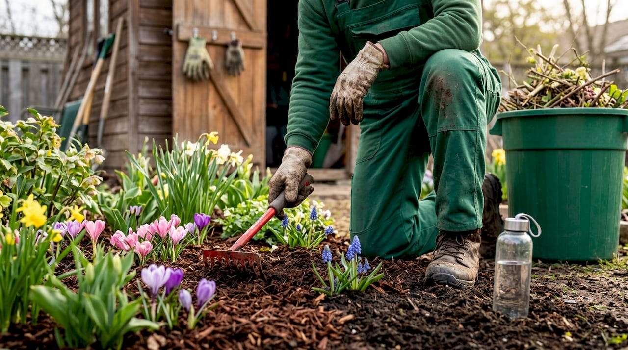 Landscaper applies mulch during spring maintenance