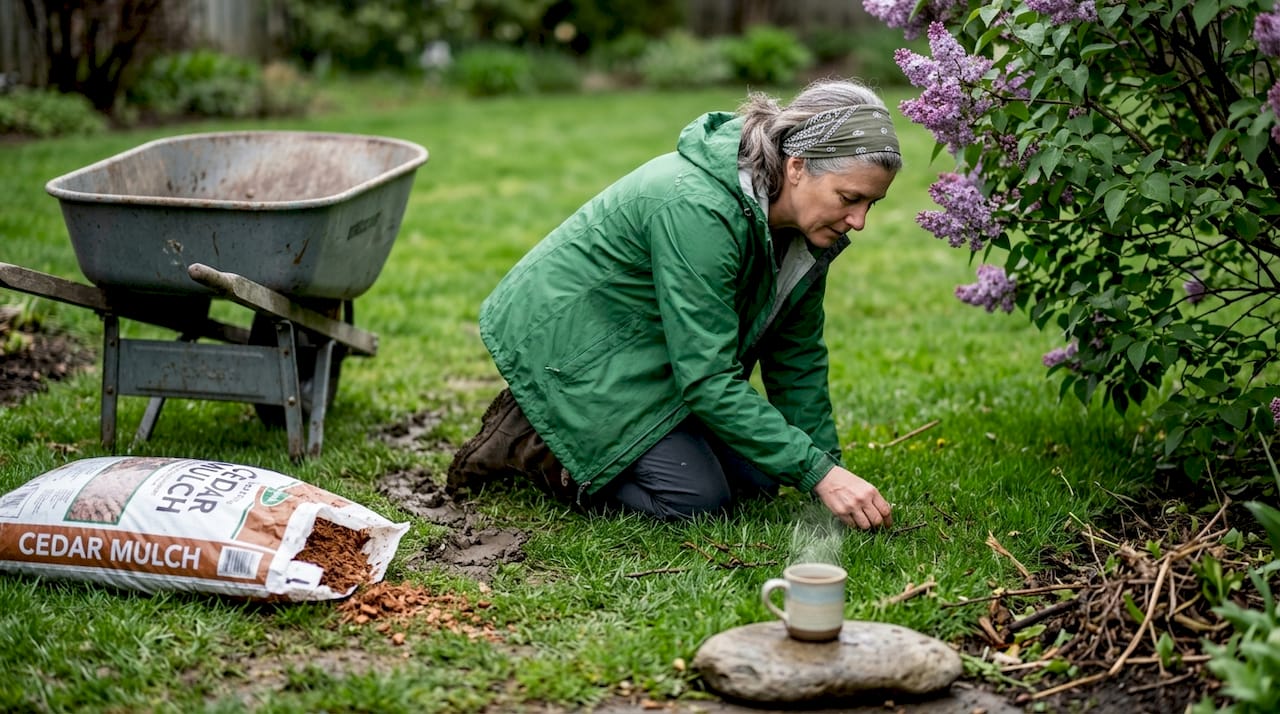 Inspecting lawn after winter debris cleanup