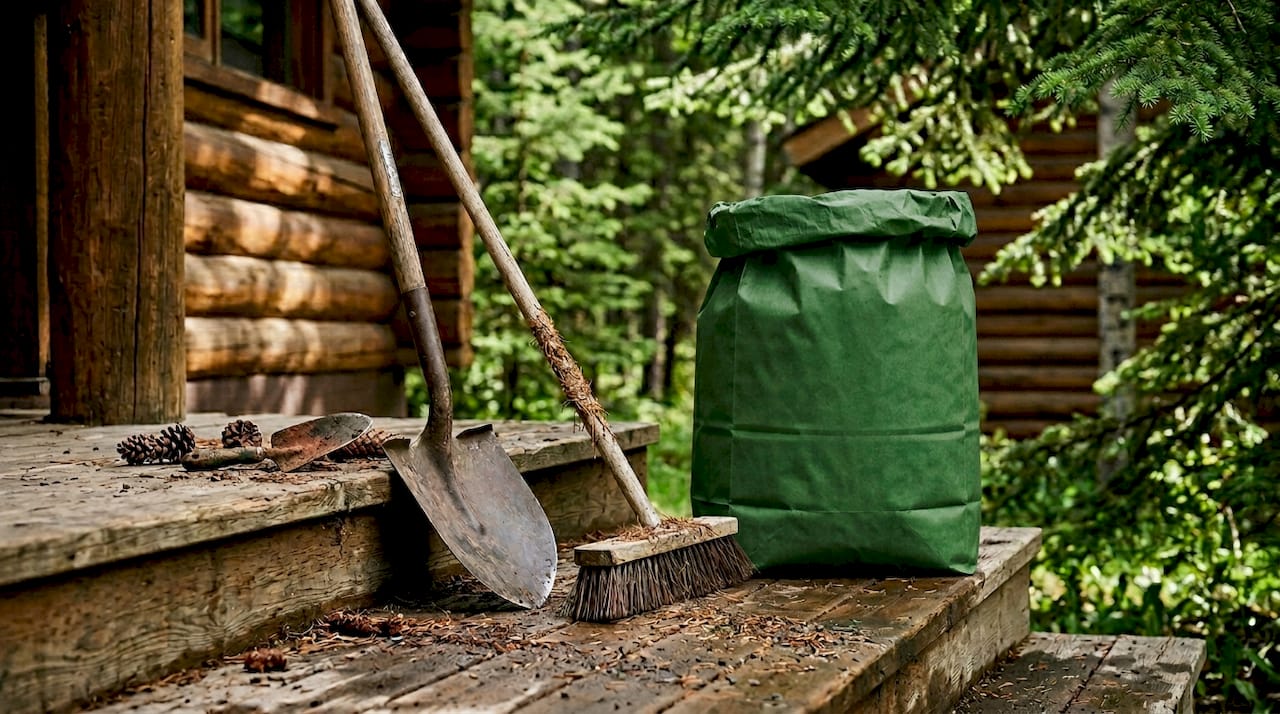 Shovel broom and waste bag during cleanup