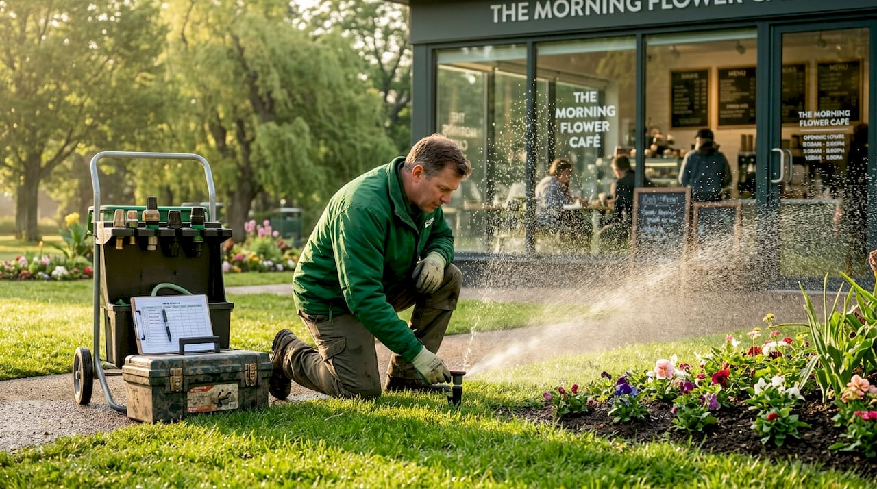 Groundskeeper adjusting sprinkler on business lawn