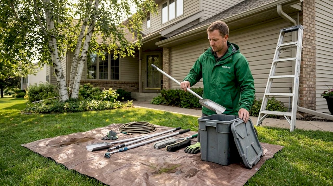 Gutter cleaning tools and worker on tarp