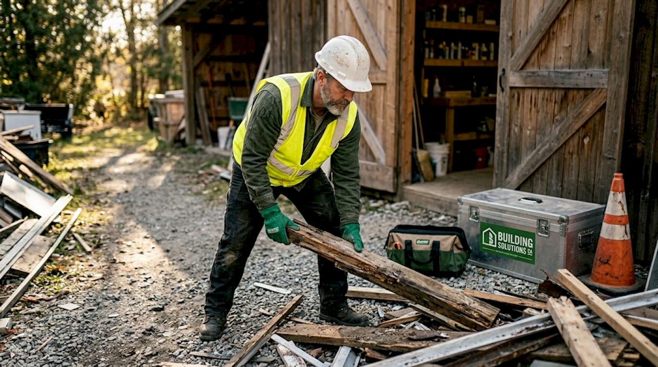 Worker safely lifting construction debris
