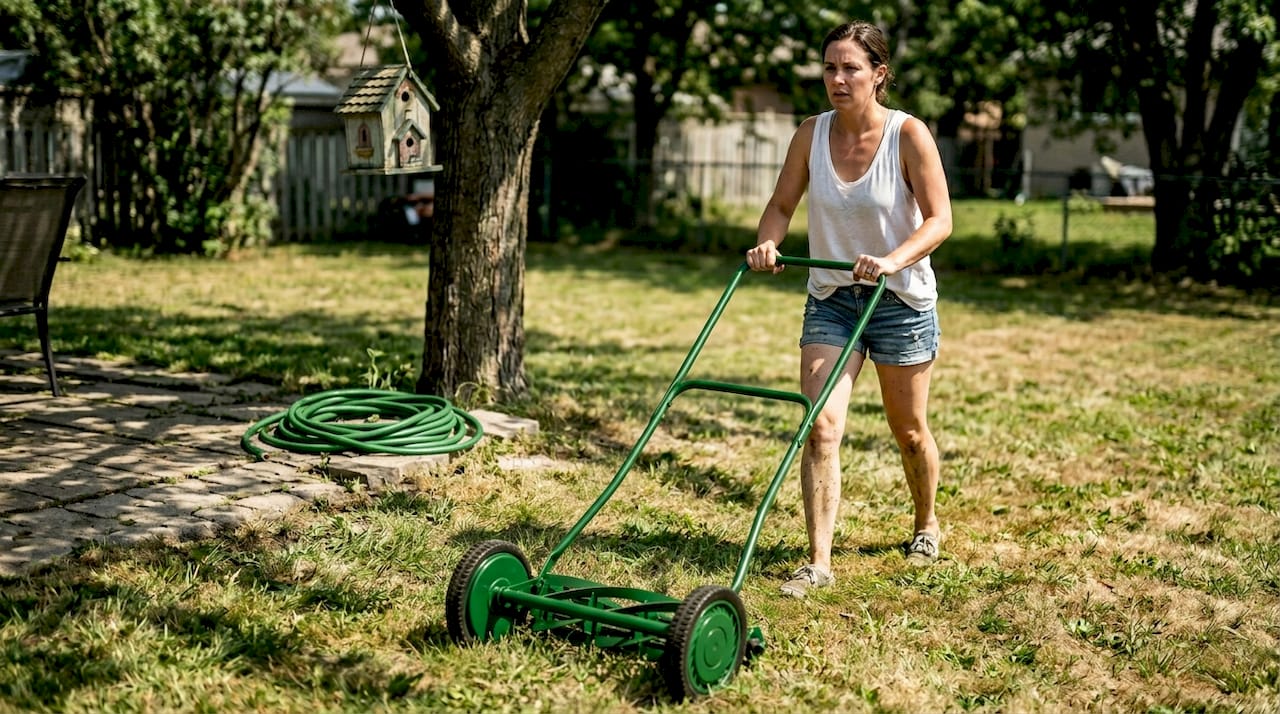 Mowing lawn on patchy summer grass