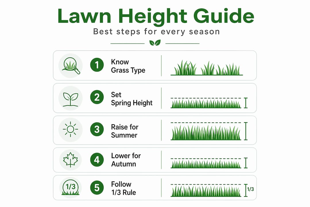 Infographic showing seasonal lawn mowing height steps