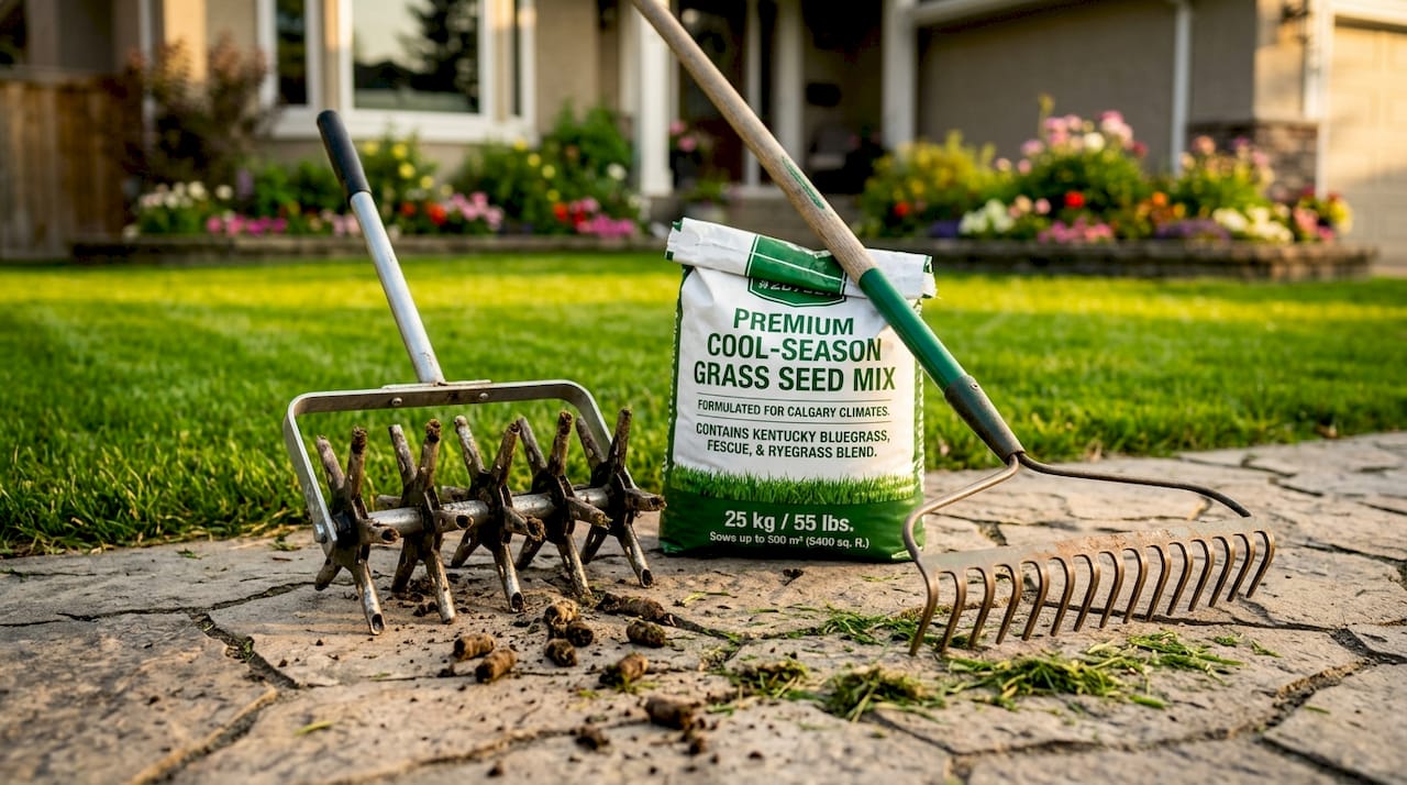 Tools for lawn renovation on wooden deck