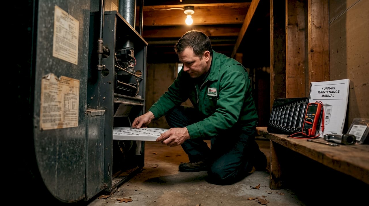 HVAC technician changing furnace air filter indoors