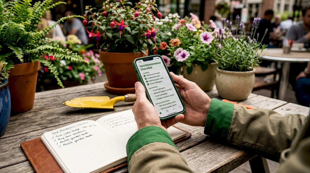 Smartphone yard inspection checklist on patio table